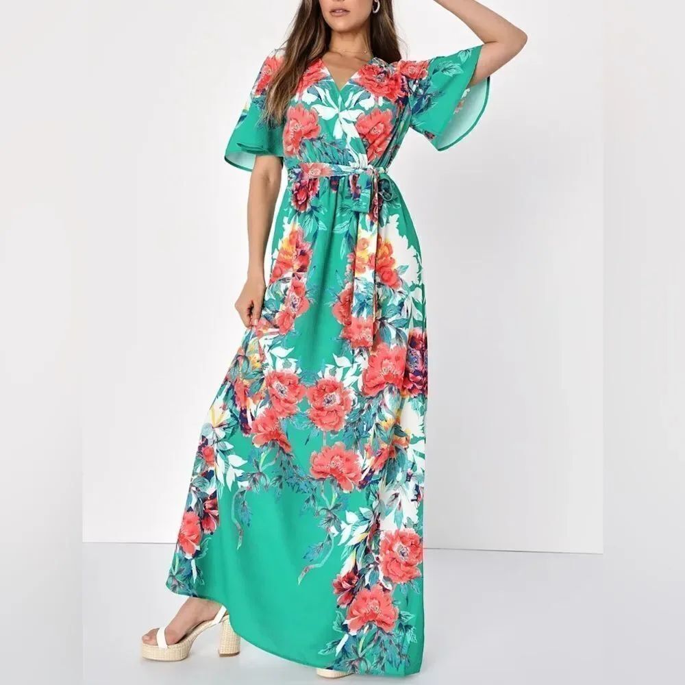 Lulus Still in Paradise Green Floral Maxi Dress